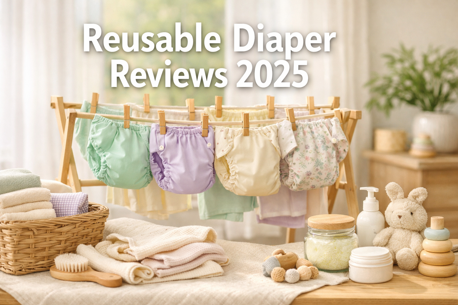 Professional landscape hero image (1536x1024) featuring bold text overlay 'Reusable Diaper Reviews 2025' in extra large 72pt white sans-seri