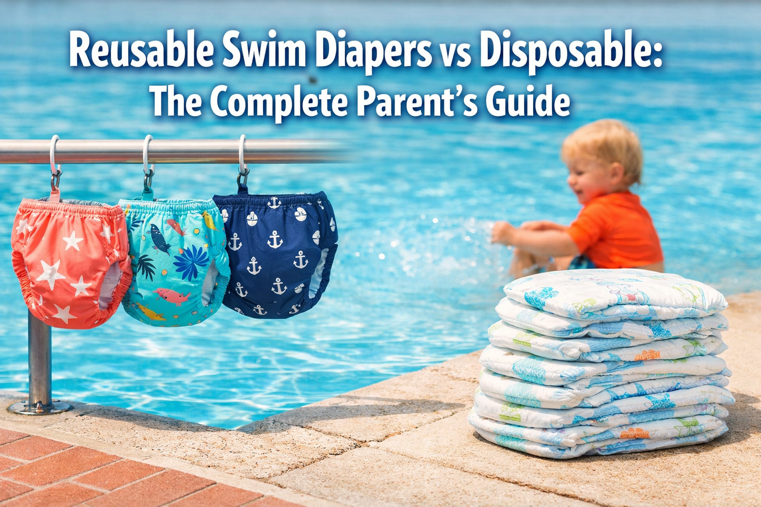 Professional landscape hero image (1536x1024) featuring bold text overlay 'Reusable Swim Diapers vs Disposable: The Complete Parent's Guide'