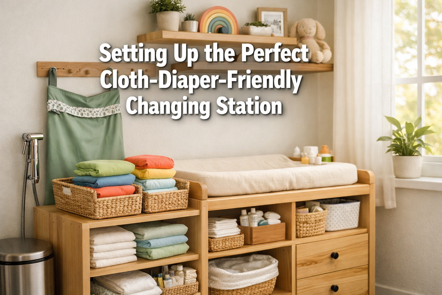 Professional landscape format (1536x1024) hero image featuring bold text overlay 'Setting Up the Perfect Cloth-Diaper-Friendly Changing Stat