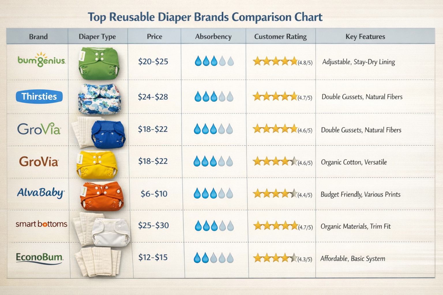 Detailed landscape image (1536x1024) showing comprehensive comparison chart of top reusable diaper brands with product photos, star ratings,