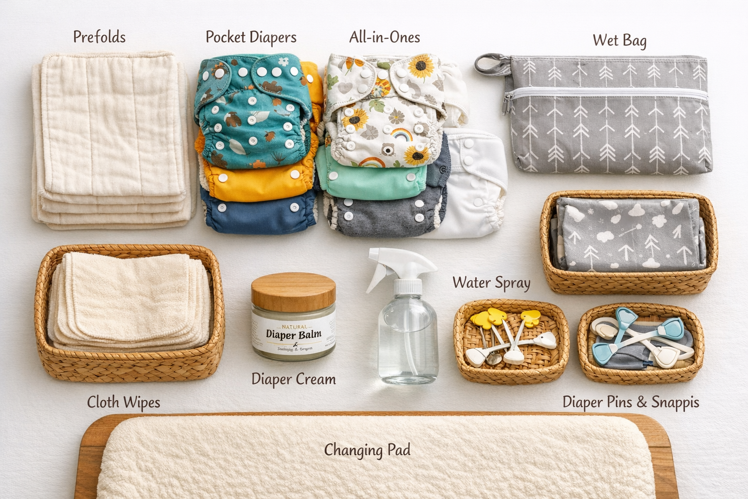 Detailed landscape format (1536x1024) image showing well-organized cloth diaper changing station essentials laid out in flat-lay composition