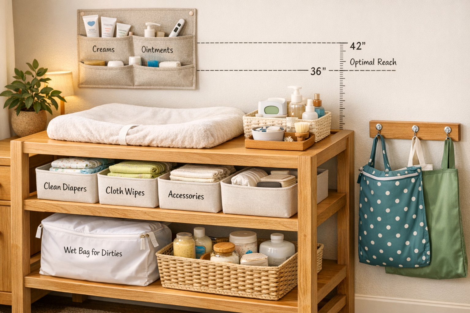 Detailed landscape format (1536x1024) image of functional changing station layout showing three-tier organization system: top surface with c