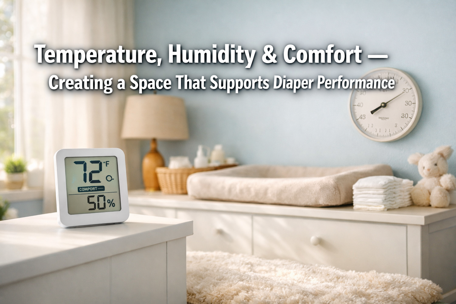 Professional landscape format (1536x1024) hero image featuring bold text overlay 'Temperature, Humidity & Comfort — Creating a Space That Su
