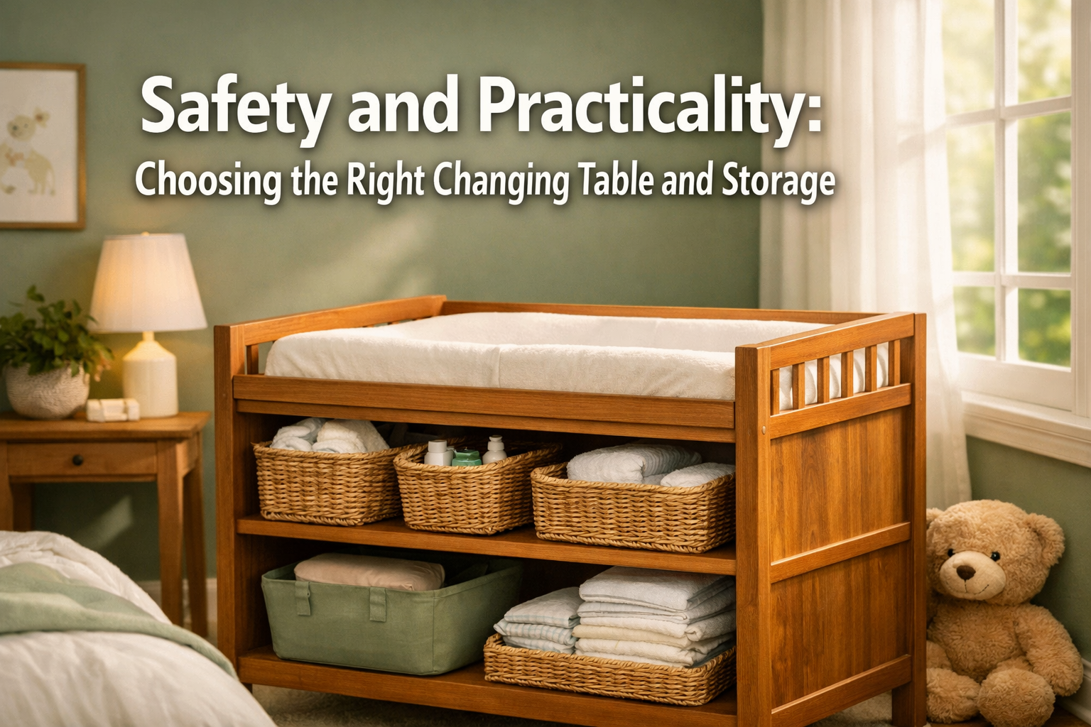 Professional landscape format (1536x1024) hero image featuring bold text overlay 'Safety and Practicality: Choosing the Right Changing Table