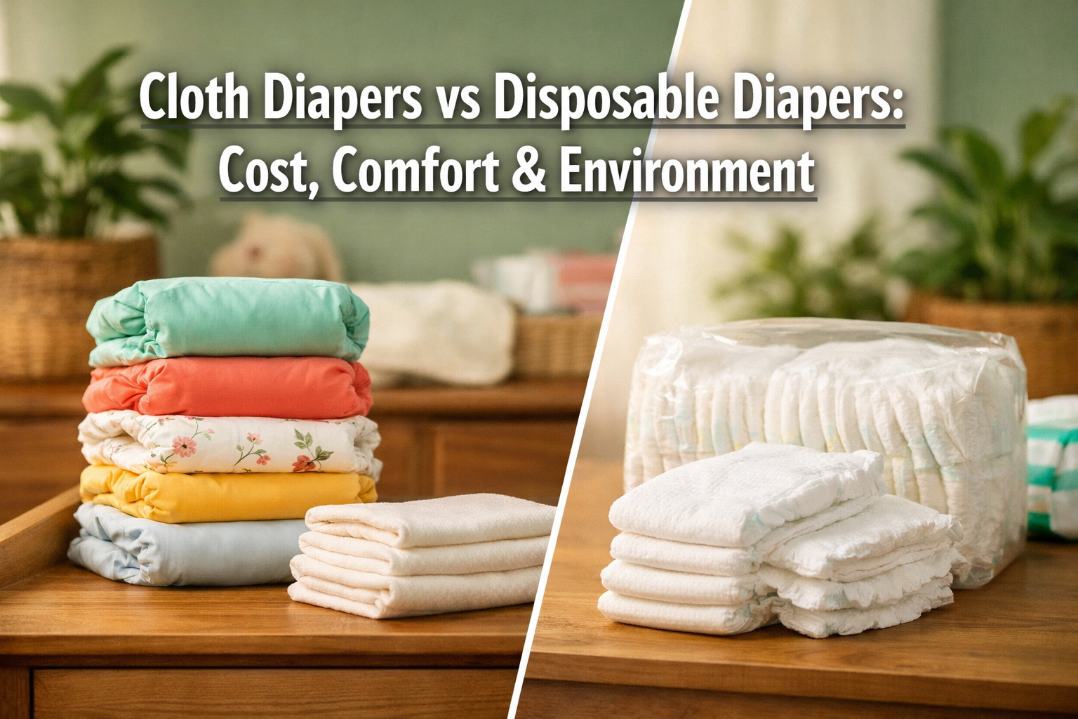 Professional landscape format (1536x1024) editorial hero image featuring bold text overlay 'Cloth Diapers vs Disposable Diapers: Cost, Comfo