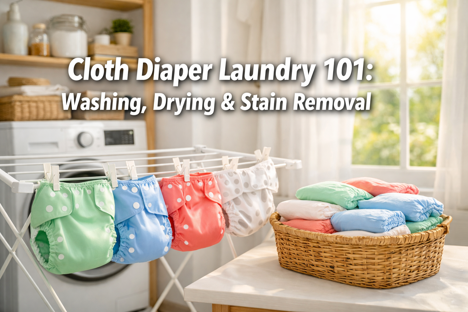 Professional landscape format (1536x1024) hero image featuring bold text overlay 'Cloth Diaper Laundry 101: Washing, Drying & Stain Removal'