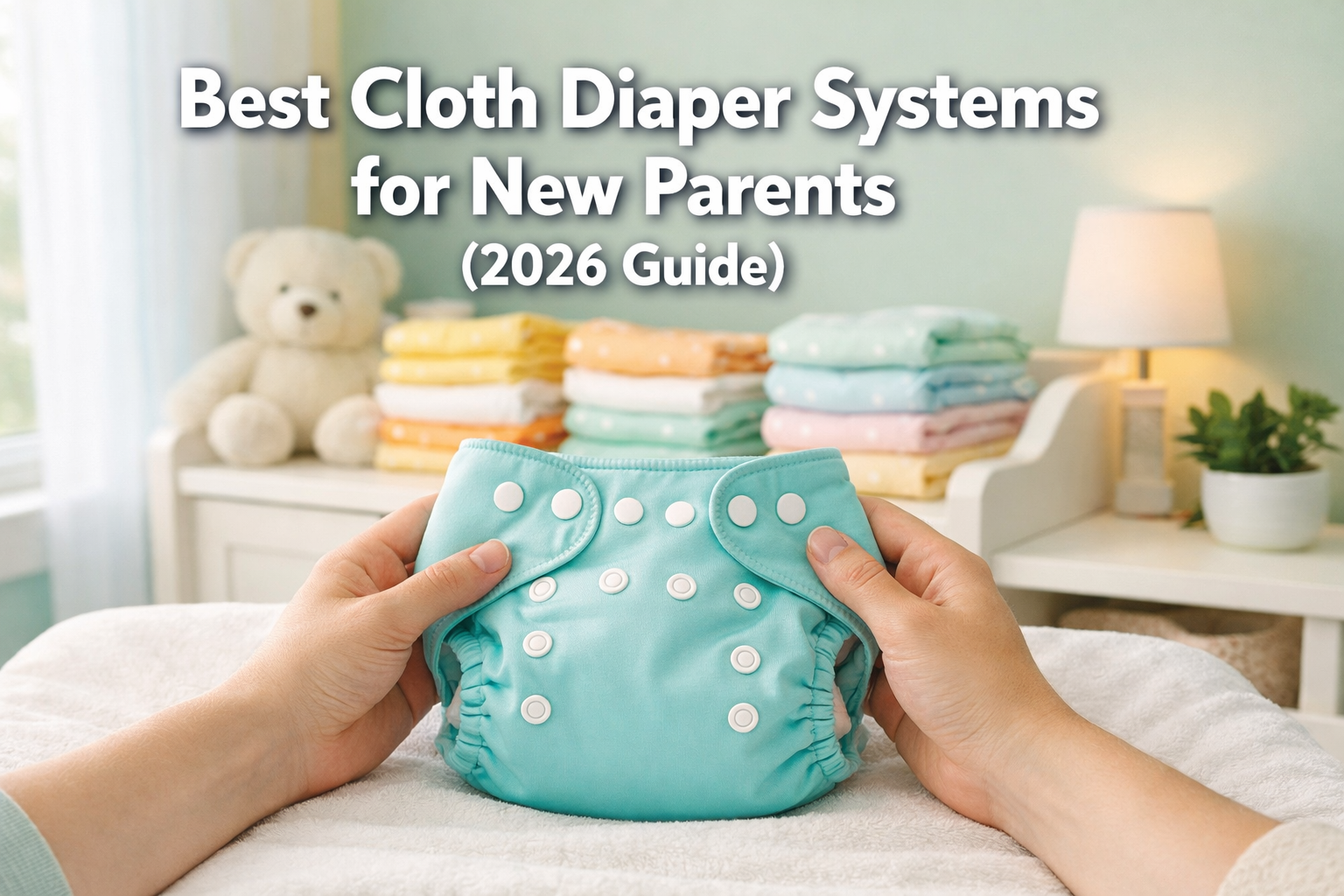 Professional landscape format (1536x1024) hero image featuring bold text overlay 'Best Cloth Diaper Systems for New Parents (2026 Guide)' in