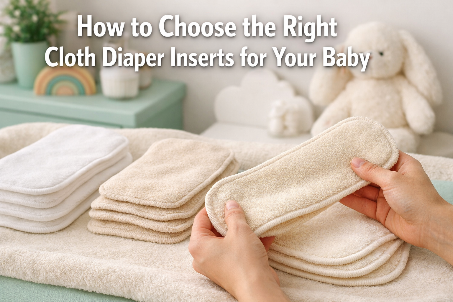 Professional landscape format (1536x1024) hero image featuring bold text overlay 'How to Choose the Right Cloth Diaper Inserts for Your Baby
