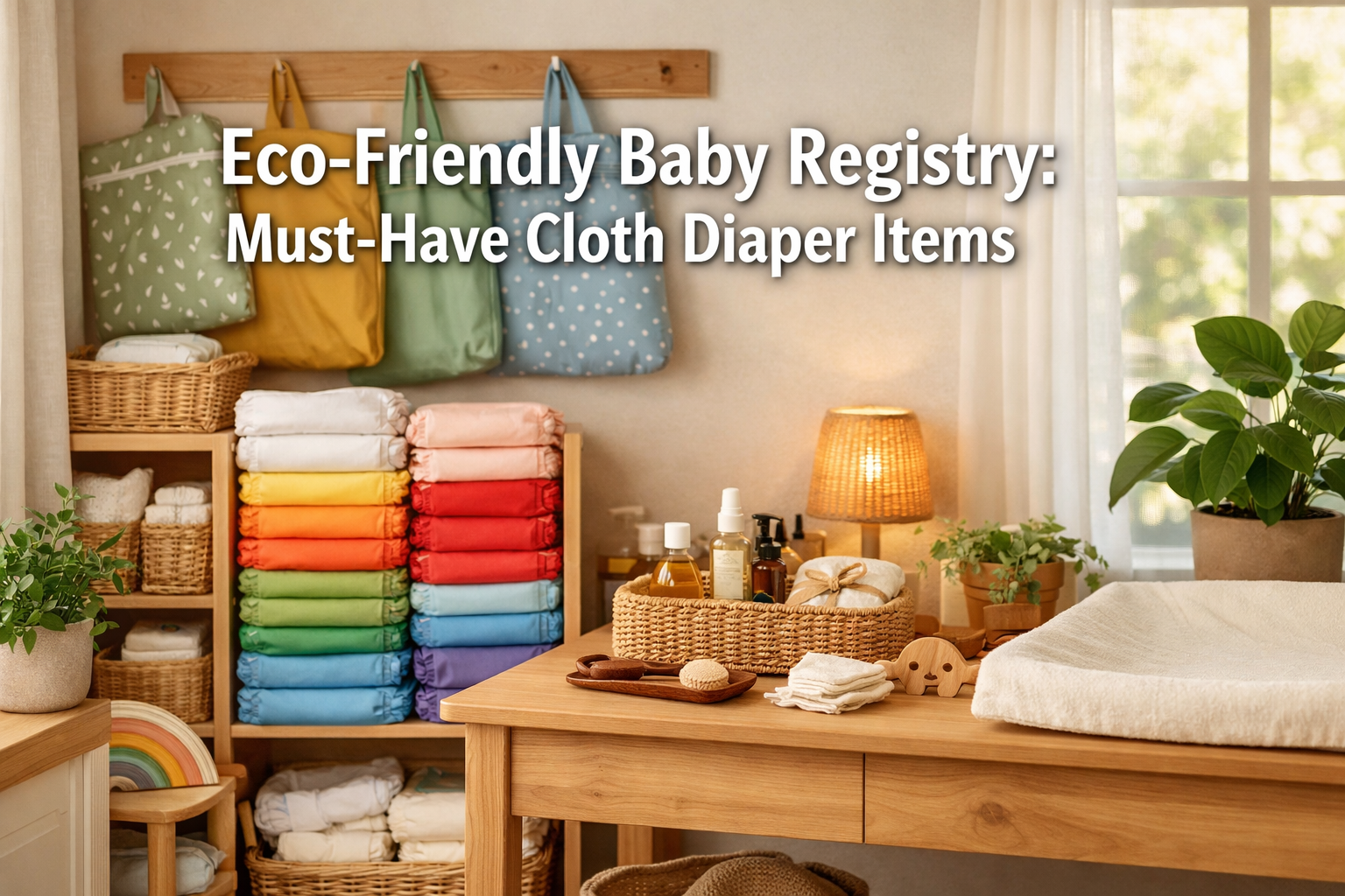 Professional landscape format (1536x1024) hero image featuring bold text overlay 'Eco-Friendly Baby Registry: Must-Have Cloth Diaper Items'