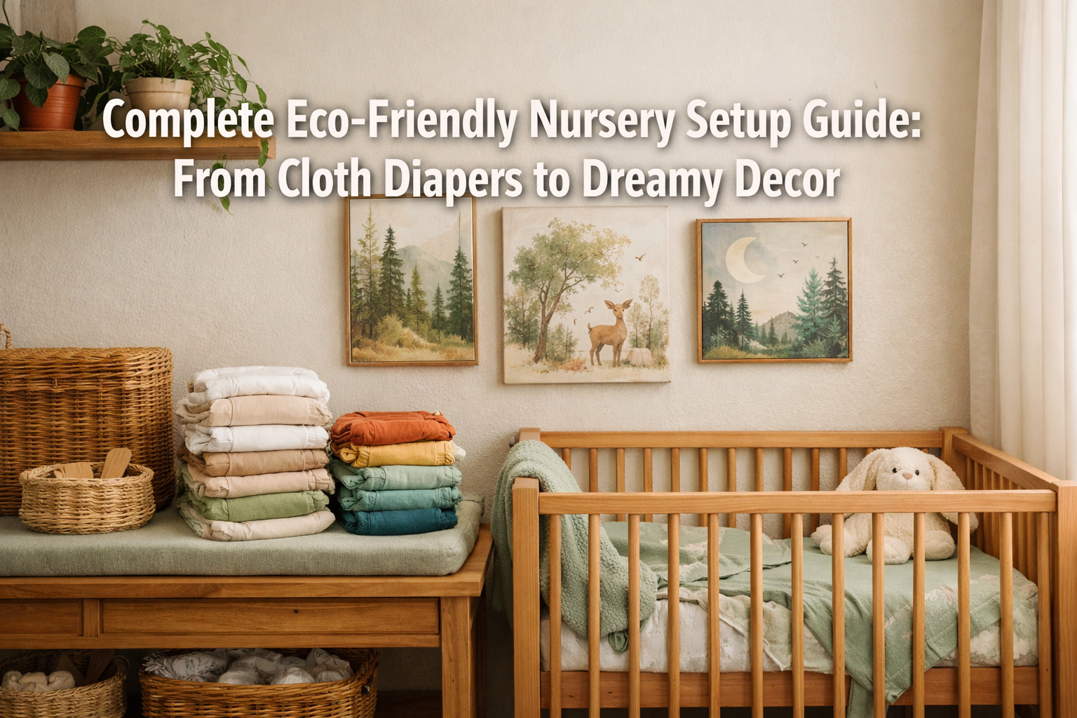 Professional landscape format (1536x1024) hero image featuring bold text overlay 'Complete Eco-Friendly Nursery Setup Guide: From Cloth Diap