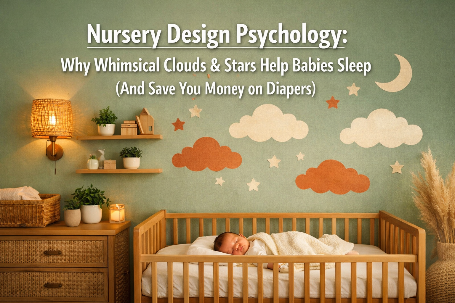 Professional landscape format (1536x1024) editorial hero image featuring bold text overlay 'Nursery Design Psychology: Why Whimsical Clouds 