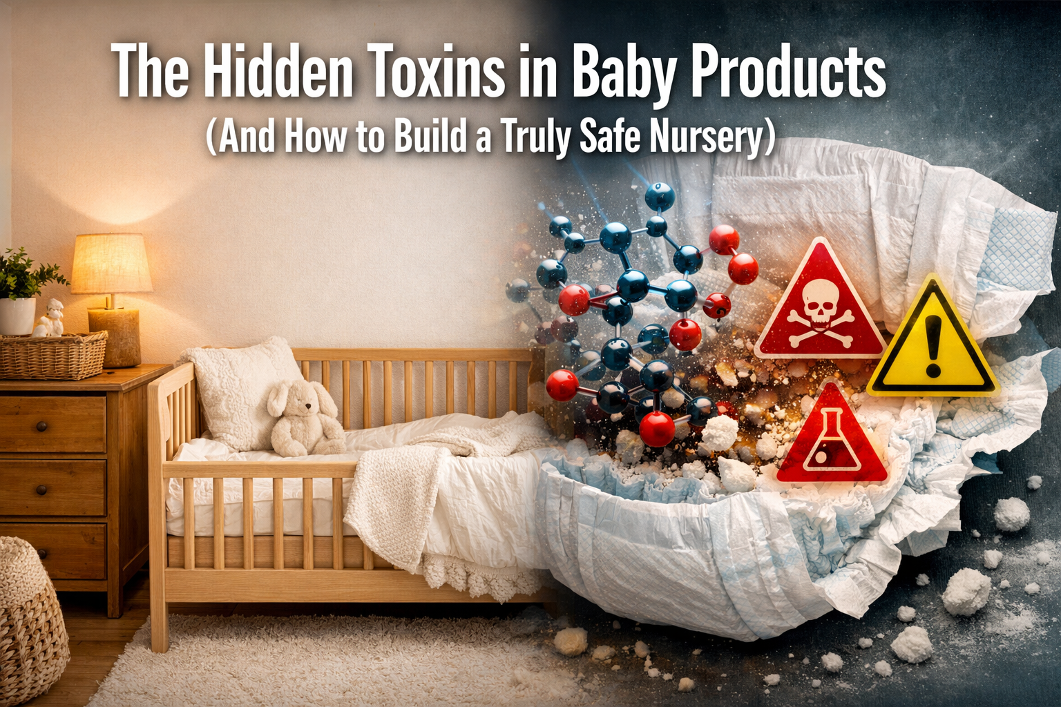 Professional landscape format (1536x1024) editorial magazine cover featuring bold text overlay 'The Hidden Toxins in Baby Products (And How