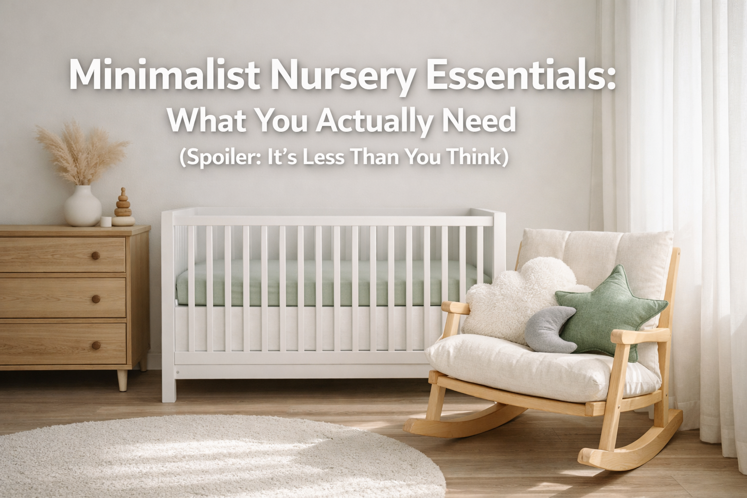 Professional landscape format (1536x1024) hero image featuring bold text overlay 'Minimalist Nursery Essentials: What You Actually Need (Spo