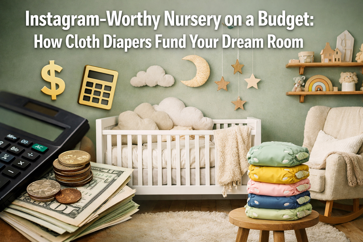 Professional landscape format (1536x1024) hero image featuring bold text overlay 'Instagram-Worthy Nursery on a Budget: How Cloth Diapers Fu