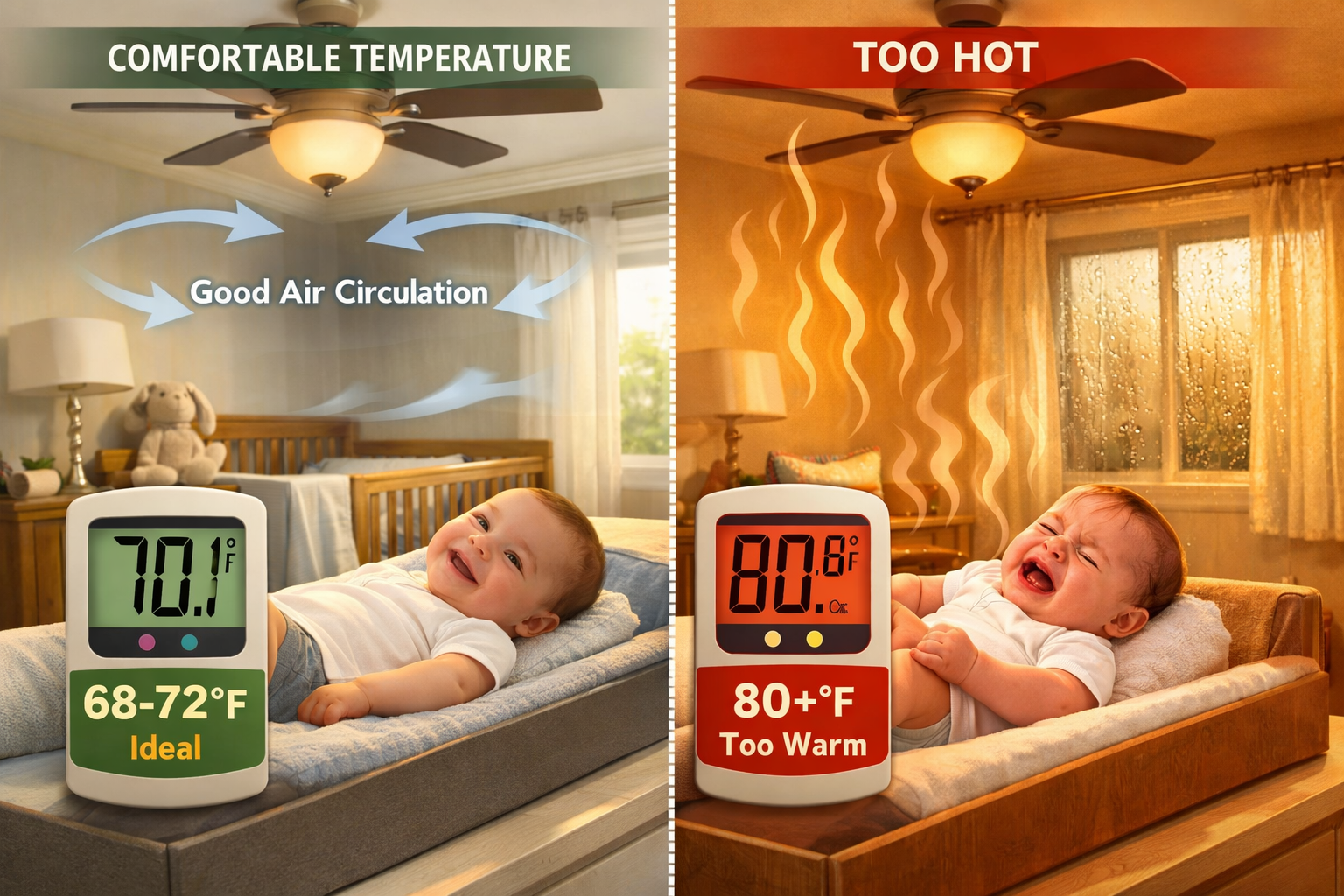 Landscape format (1536x1024) editorial image showing split-screen comparison of nursery environments: left side displays digital thermometer