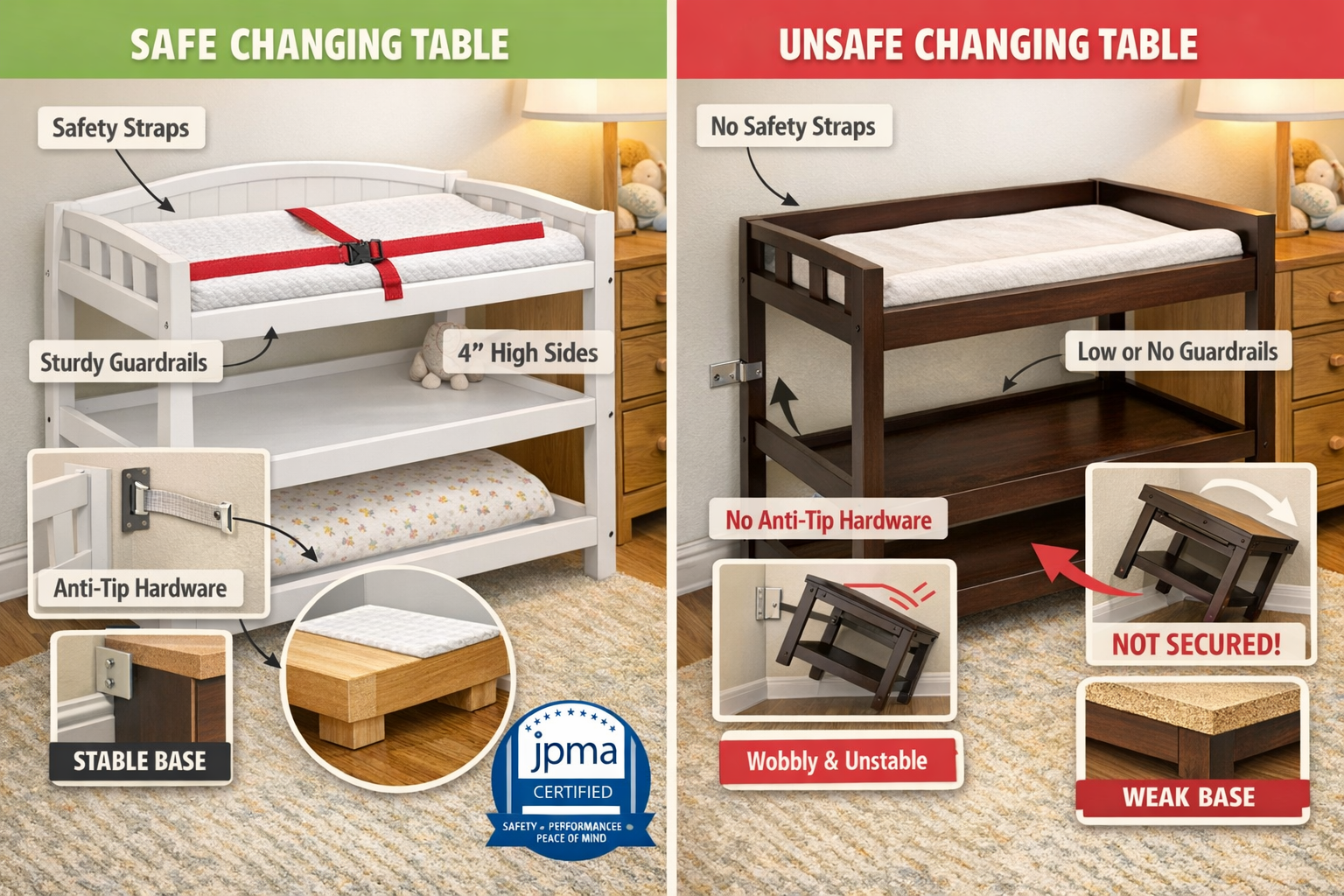Detailed landscape format (1536x1024) image showing safety features of changing tables with labeled callouts: safety straps highlighted in r