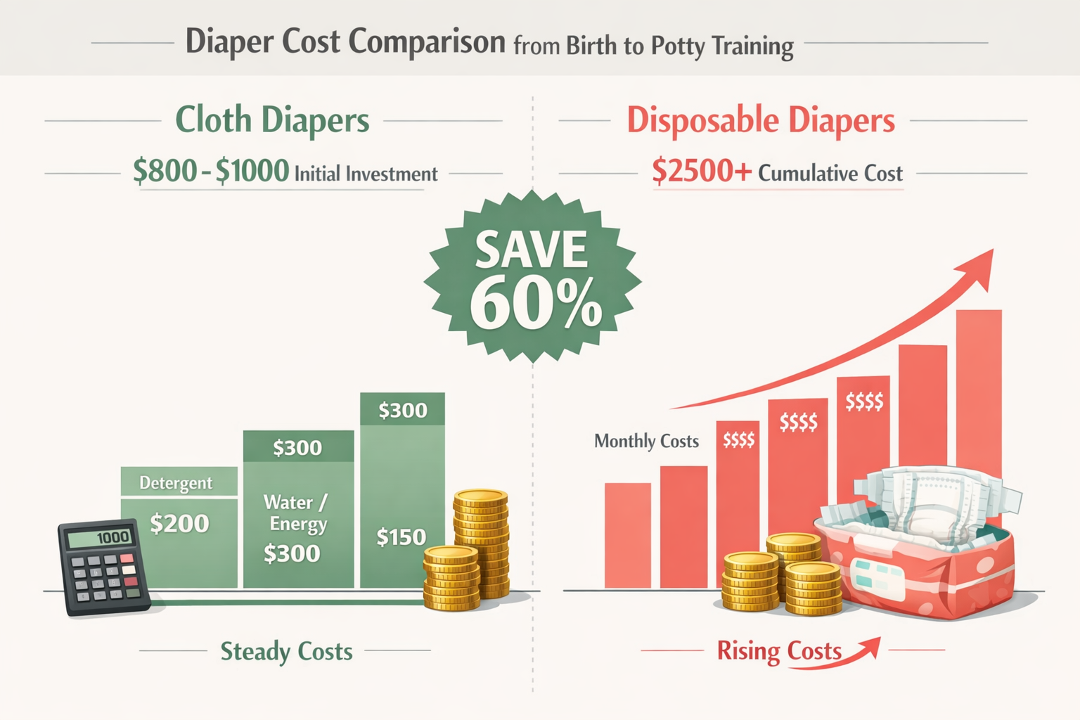 Detailed landscape format (1536x1024) infographic showing cost comparison between cloth and disposable diapers from birth to potty training.