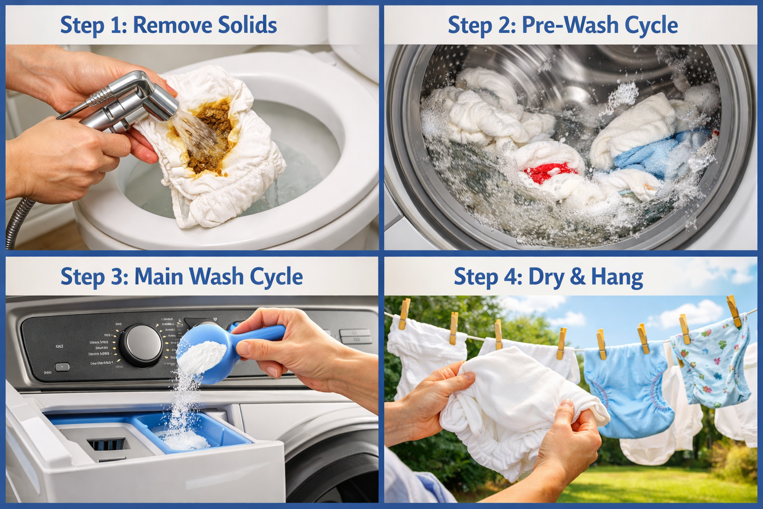 Landscape format (1536x1024) detailed step-by-step visual guide showing the complete cloth diaper washing process from start to finish. Spli