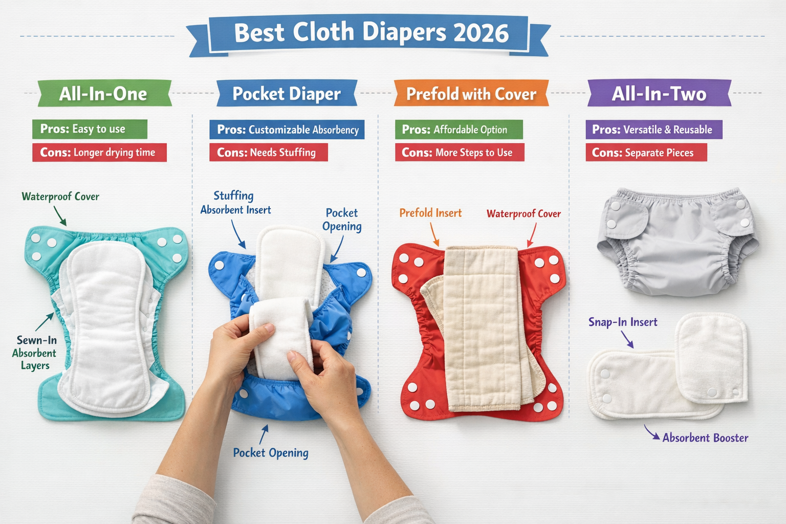 Detailed landscape format (1536x1024) image showing comparison chart of four cloth diaper system types laid out on clean white surface. Visu