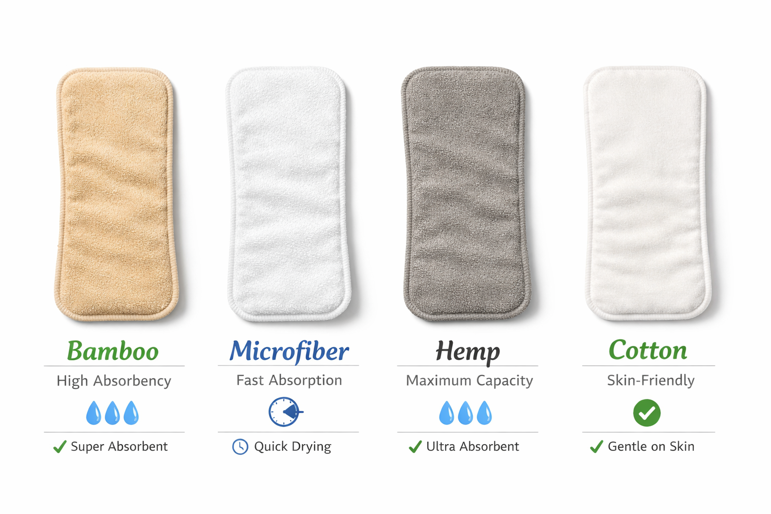 Detailed landscape format (1536x1024) image showing a comparison chart of different cloth diaper insert types. Left to right display: bamboo