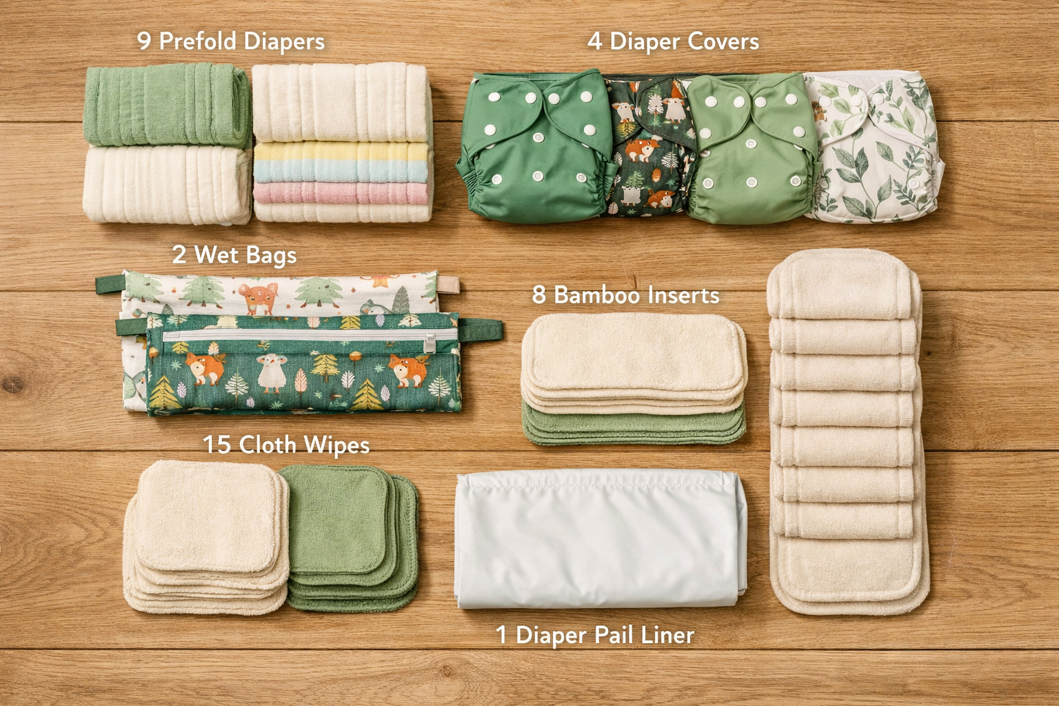 Landscape format (1536x1024) editorial image showing flat lay composition on natural wood surface featuring essential cloth diaper registry