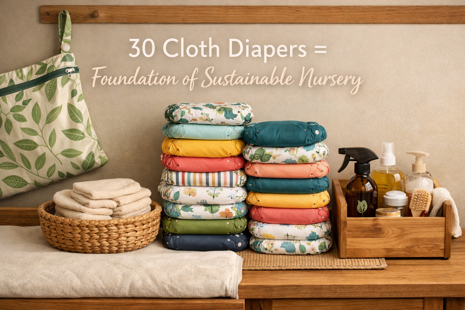 Detailed landscape format (1536x1024) image showing cloth diaper foundation setup with neatly organized wooden changing station, stack of mo