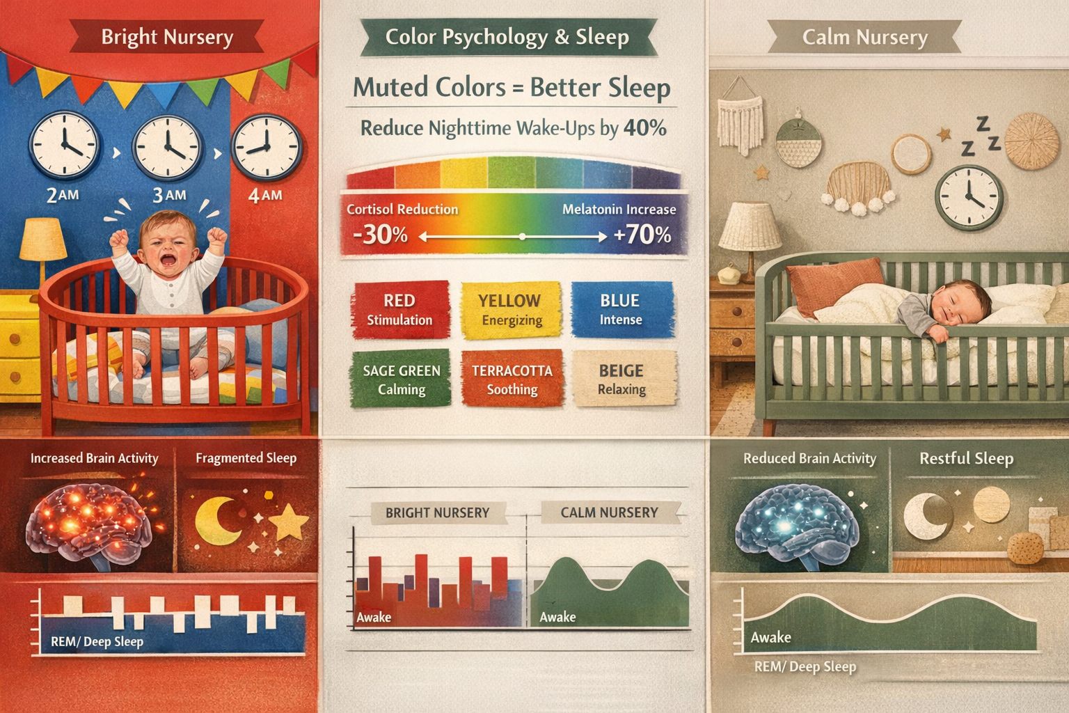 Landscape format (1536x1024) detailed infographic illustration showing nursery color psychology impact on infant sleep patterns. Split-scree