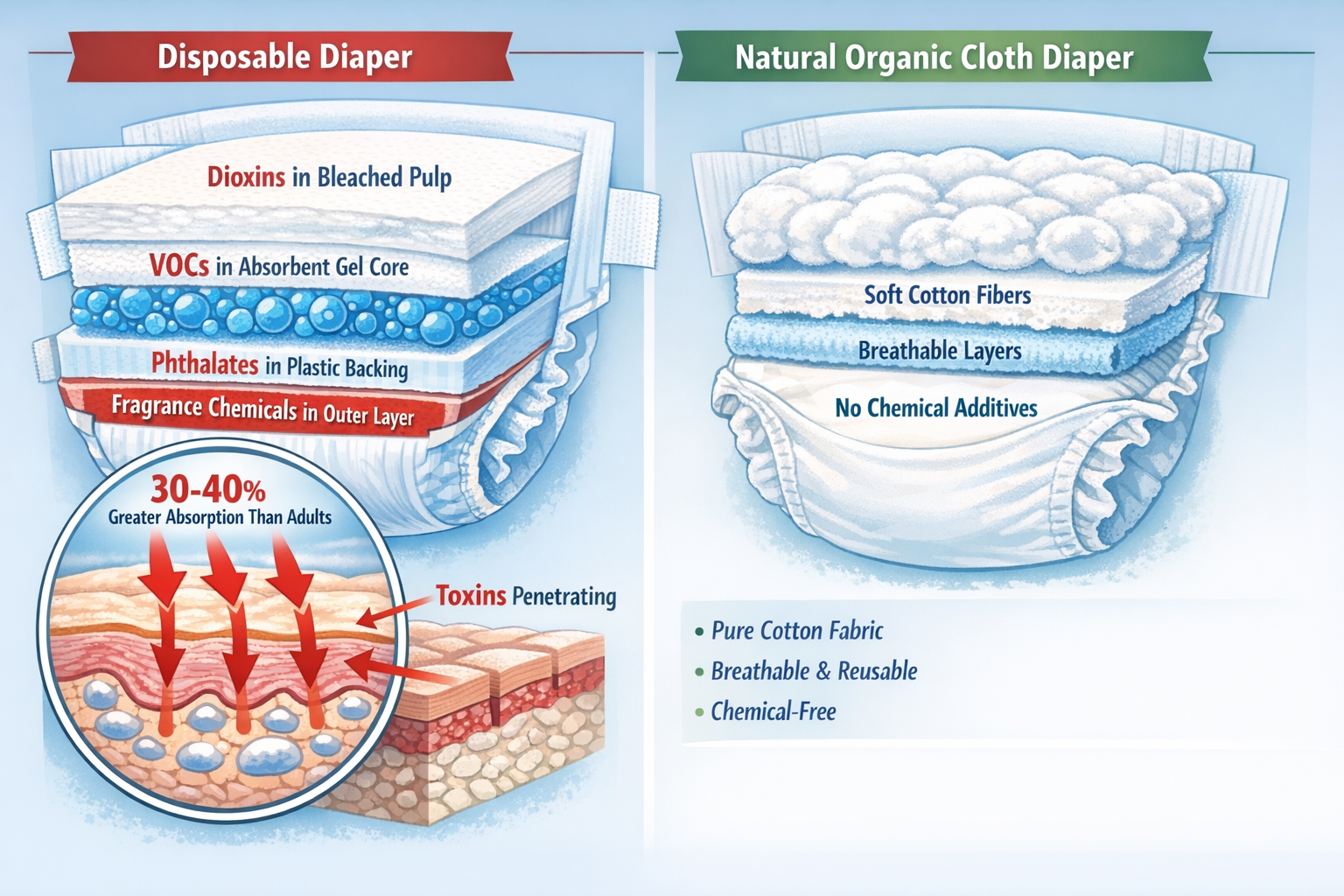 Landscape format (1536x1024) investigative infographic showing cross-section diagram of disposable diaper layers with chemical compounds lab