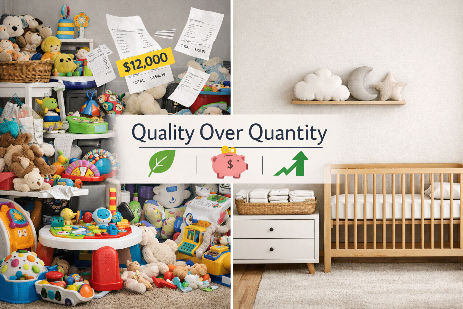 Landscape format (1536x1024) editorial image showing side-by-side comparison of two nursery spaces. Left side: cluttered nursery overflowing