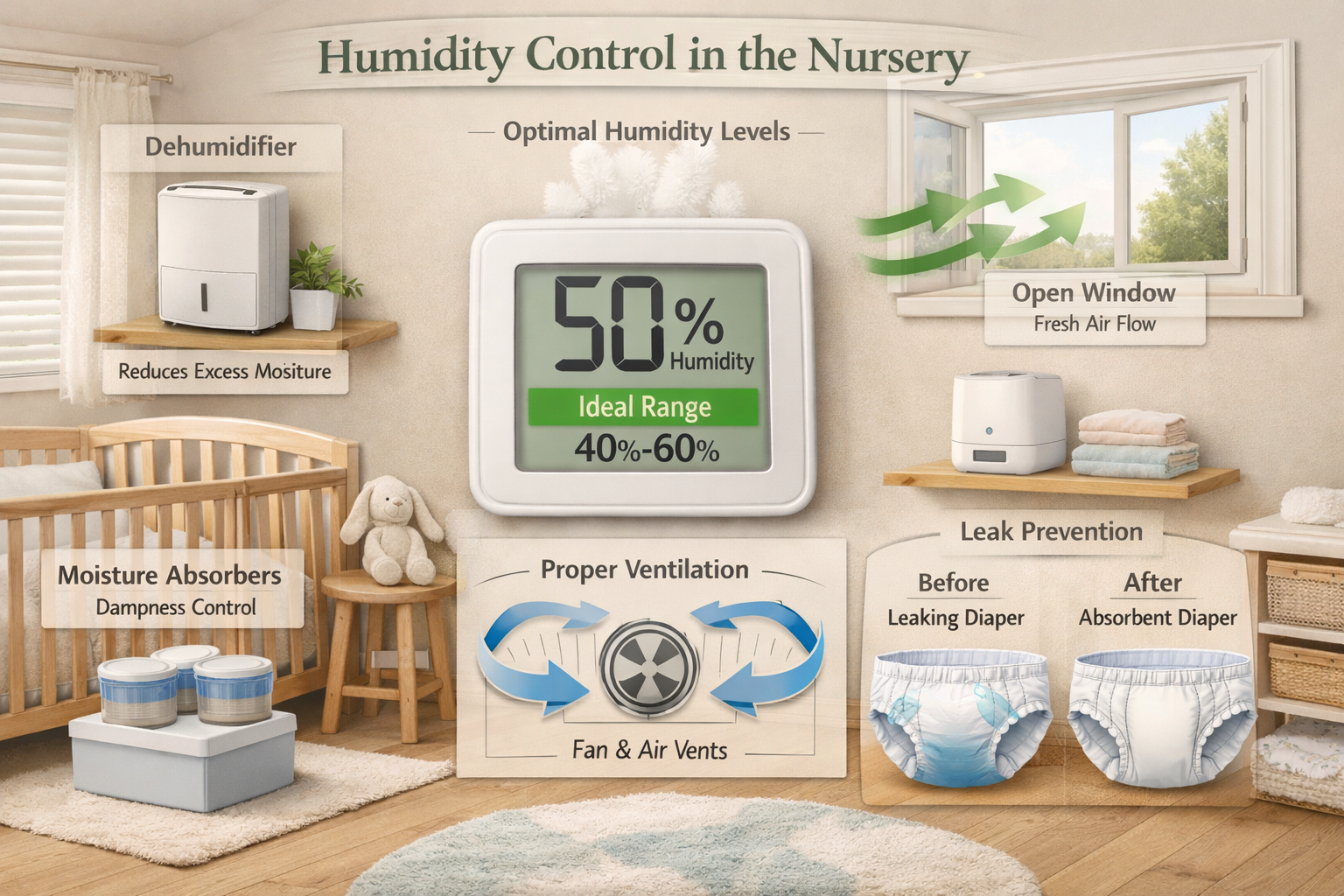 Landscape format (1536x1024) detailed infographic showing humidity control solutions in modern nursery setting: central focus on hygrometer