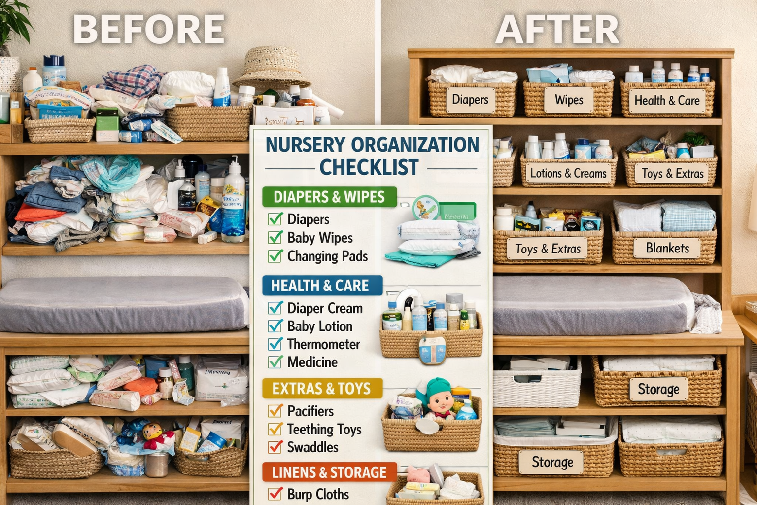 Detailed landscape format (1536x1024) image displaying organized changing table storage solutions with open shelving unit filled with neatly