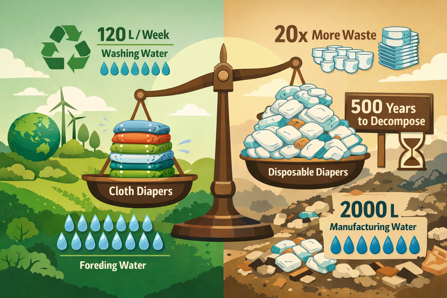 Detailed landscape format (1536x1024) environmental impact visualization comparing cloth versus disposable diapers. Split scene showing left