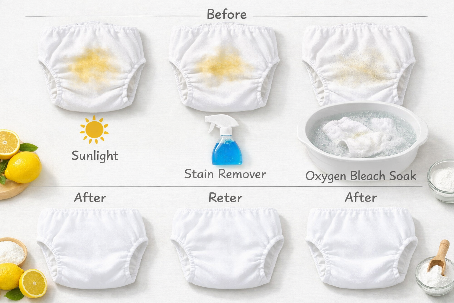 Landscape format (1536x1024) comprehensive stain removal comparison image showing cloth diaper stain treatment methods and results. Main com