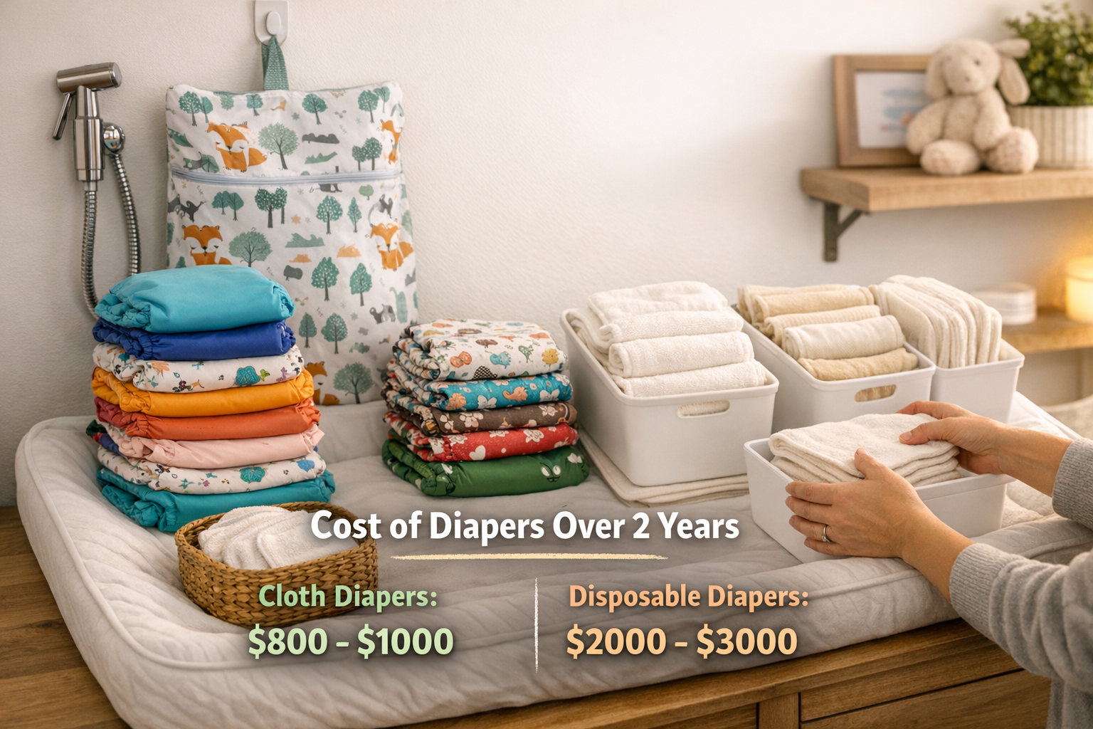 Detailed landscape format (1536x1024) image displaying complete cloth diaper starter kit spread out on changing pad. Visual includes stack o