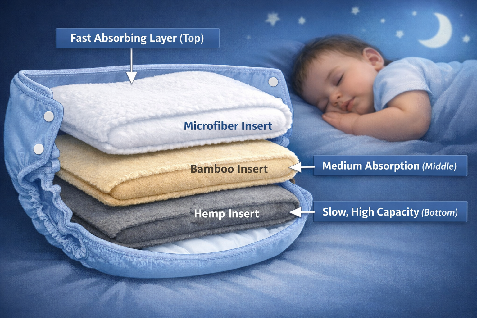 Detailed landscape format (1536x1024) image illustrating insert layering strategy for nighttime use. Cross-section view showing multiple ins