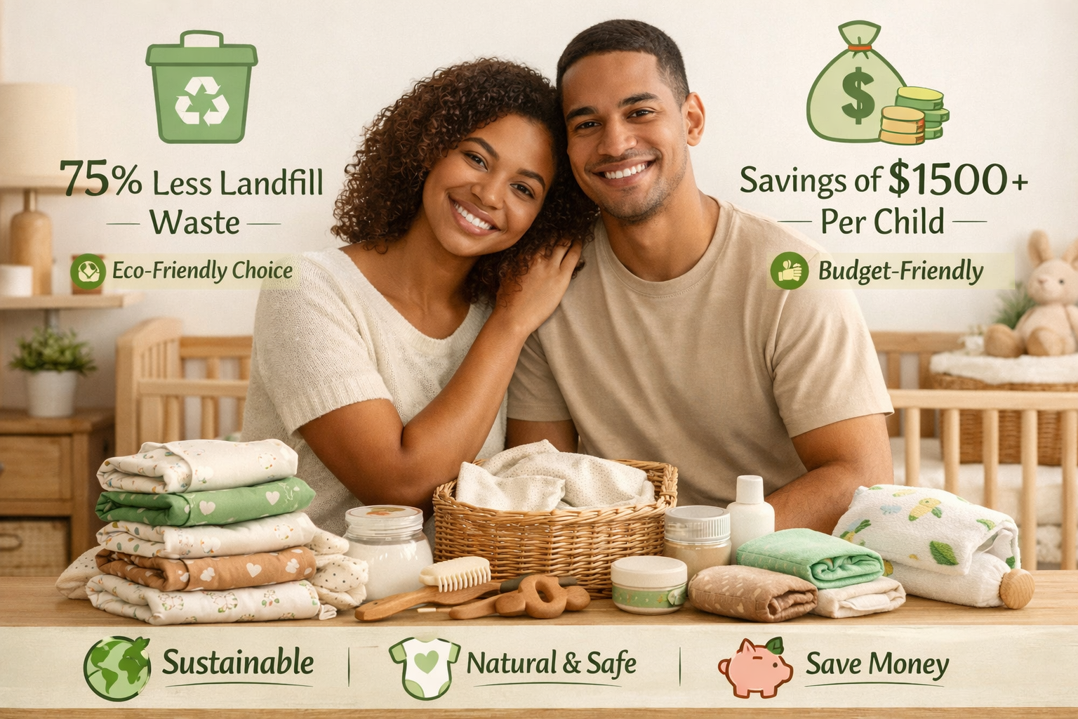 Eco-friendly baby registry composition featuring a warm, inviting scene with a diverse young parent couple surrounded by sustainable cloth d