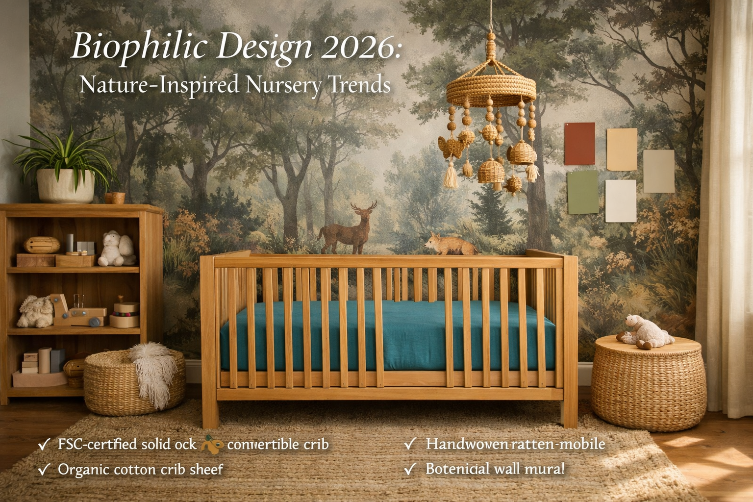 Detailed landscape format (1536x1024) image showcasing sustainable nursery decor elements with FSC-certified solid oak convertible crib, org