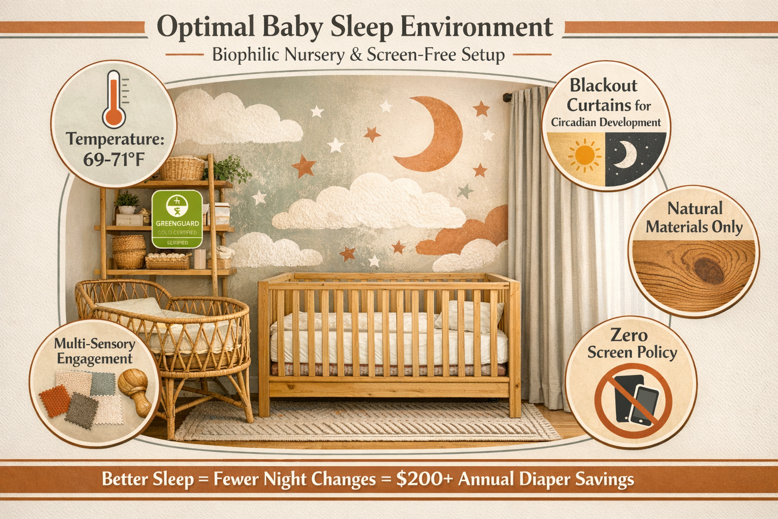 Landscape format (1536x1024) comprehensive visual guide to creating optimal baby sleep environment using biophilic design principles and scr