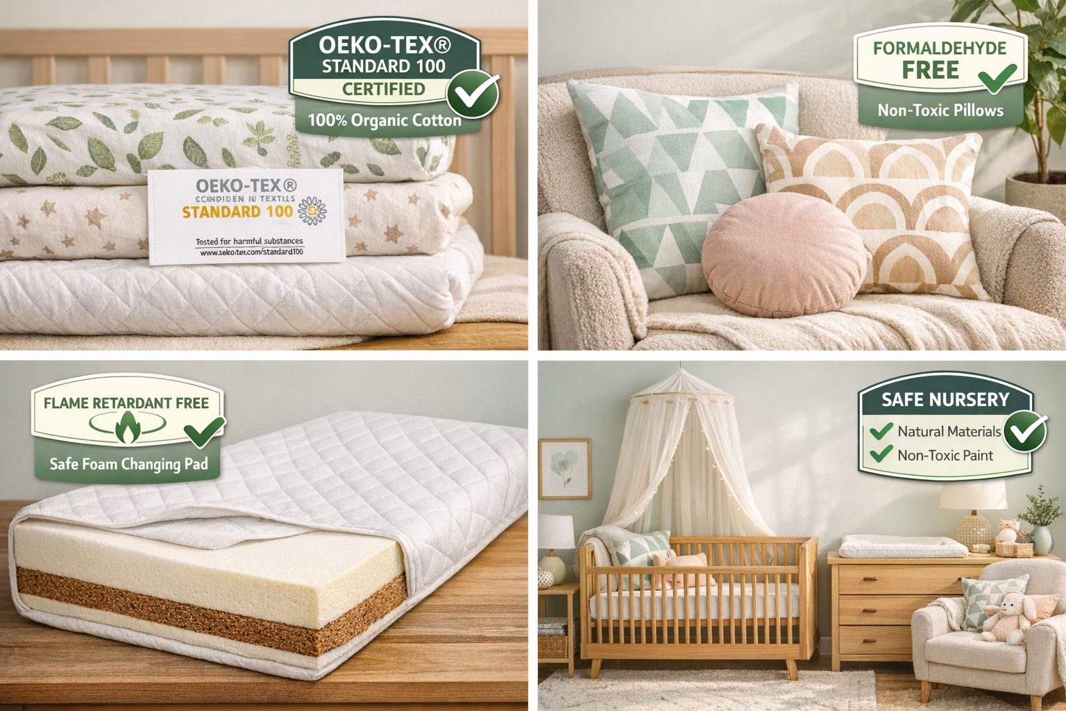 Landscape format (1536x1024) elegant nursery showcase split into four quadrants displaying OEKO-TEX certified baby products: top left shows