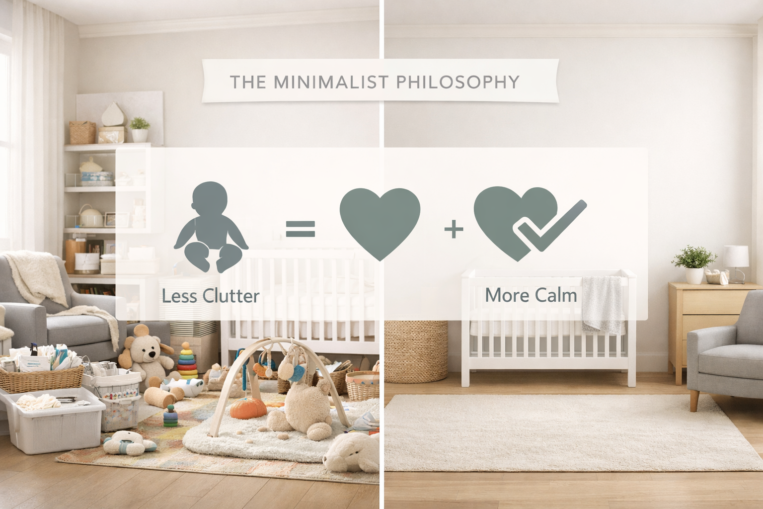 A minimalist, clean visual representation of 'The Minimalist Philosophy' depicting a serene, white-walled nursery with strategic negative sp