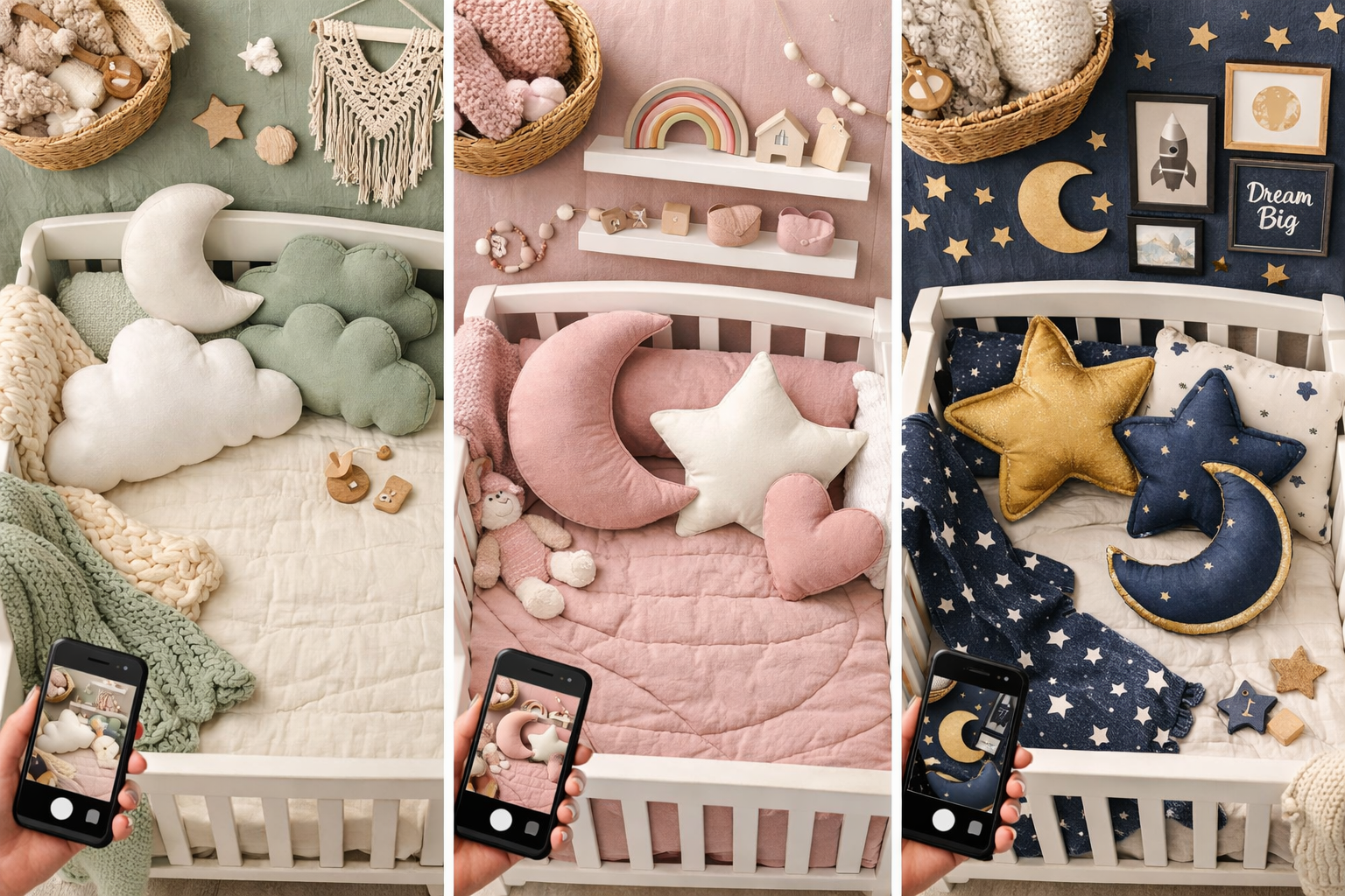 Landscape format (1536x1024) split-screen comparison of Instagram-worthy nursery designs. Three styled room examples showing cohesive color 
